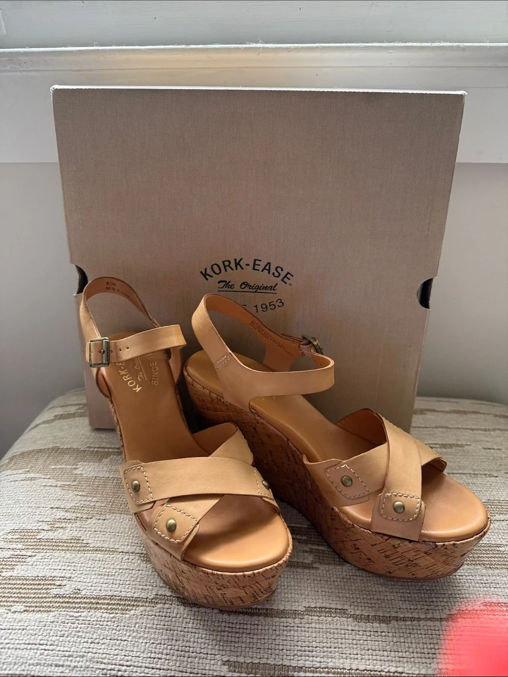 Kork-Ease Tan Leather Jaclyn Cork Platform Wedge Sandals 8